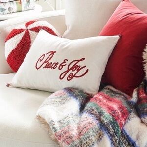 Pottery Barn Festive Peace & Joy Pillow - Red and White
